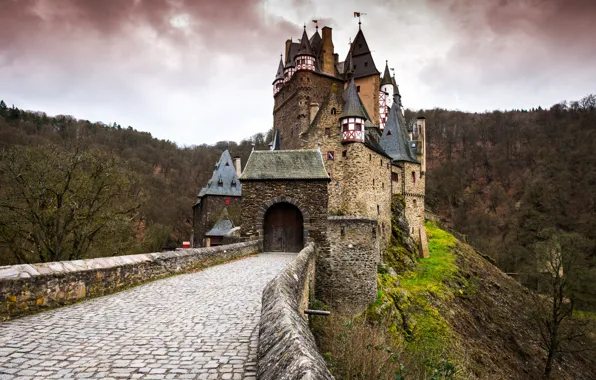 Картинка лес, ворота, брусчатка, Германия, долина, башни, замок Эльц, Рейнланд-Пфальц