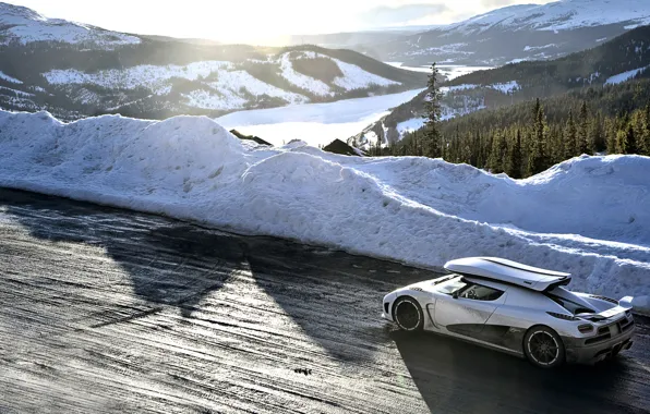 Картинка дорога, белый, снег, горы, Koenigsegg, Top Gear, суперкар, самая лучшая телепередача, высшая передача, топ гир, …