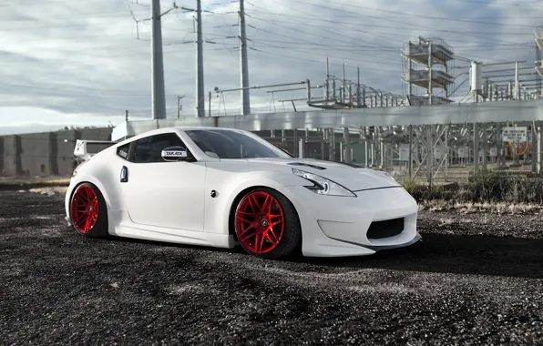 Картинка Nissan, Red, Front, White, 370Z, Stance, Wheels, Pure, Bloodlines