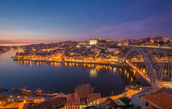 Картинка мост, город, огни, река, рассвет, Portugal, Porto