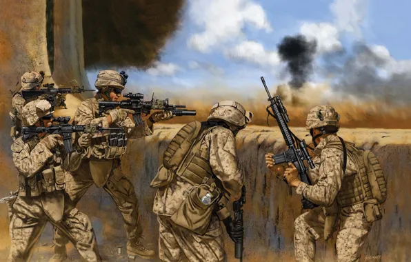 Картинка оружие, рисунок, бой, арт, солдаты, США, винтовка, экипировка, армии, Ирак, М-16