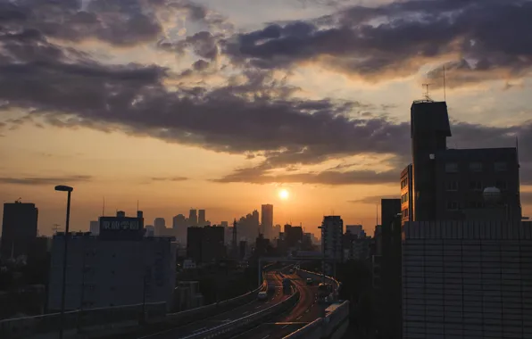 Картинка Japan, road, cars, clouds, morning, dawn, Sunrise, buildings, highway, vehicles, Setagaya