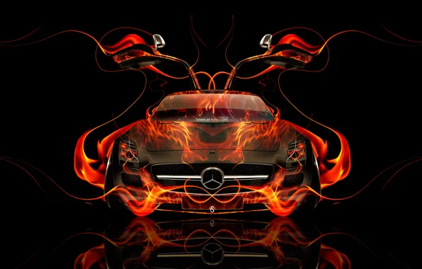 Картинка Mercedes-Benz, Авто, Черный, Огонь, Машина, Мерседес, Обои, Фон, Orange, Двери, Car, Fire, Арт, Art, Абстракт, …