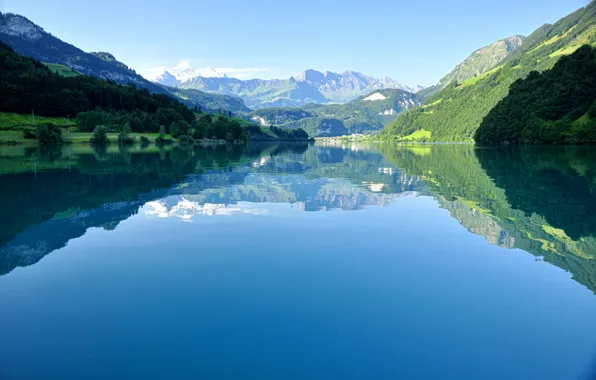 Картинка лес, небо, деревья, горы, отражение, вершины, Швейцария, Альпы, берега, озеро Lungern