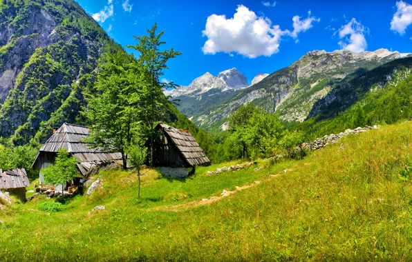Картинка небо, трава, облака, деревья, горы, природа, дом, Словения, bovec
