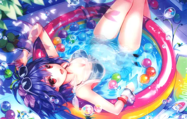 Картинка вода, девушка, радость, пузыри, аниме, бассейн, арт, очки, kuroya shinobu