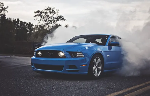 Картинка Mustang, Ford, Blue, 5.0, Smoke, Muscle Car