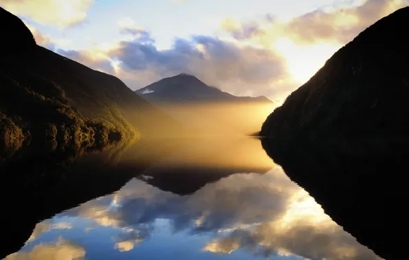 Картинка облака, горы, туман, озеро, новая зеландия
