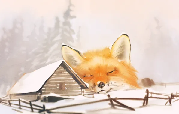 Картинка дом, лиса, fox, winter