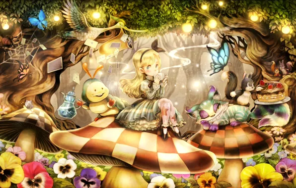 Картинка бабочки, гусеница, птица, грибы, пауки, белка, чаепитие, девочка, Чеширский кот, Alice In Wonderland