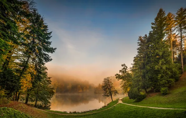 Картинка Природа, Туман, Трава, Озеро, Деревья, Пейзаж, Хорватия, Trakoscan