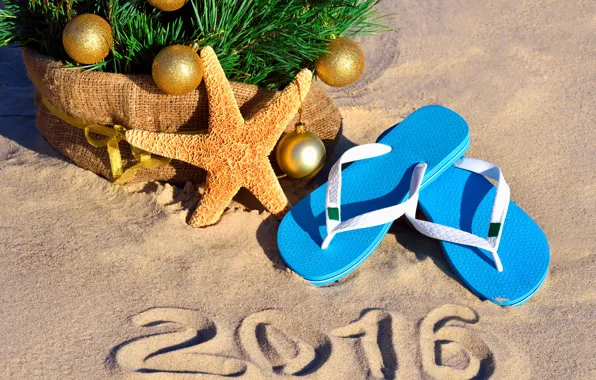 Картинка песок, море, пляж, украшения, игрушки, елка, Новый Год, ракушки, beach, sea, sand, shore, 2016