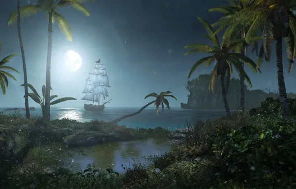 Картинка ночь, корабль, остров, Black Flag, Assassin's Creed IV