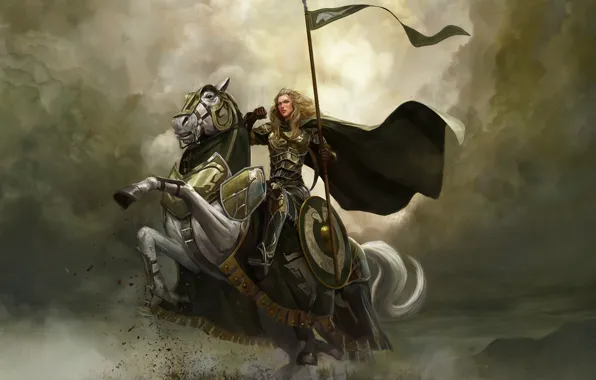 Картинка девушка, тучи, конь, всадница, властелин колец, арт, копье, броня, щит, lord of the rings, знамя