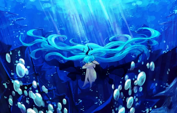 Картинка девушка, свет, пузыри, океан, волосы, корабль, арт, vocaloid, hatsune miku, под водой, вокалоид, lyrah777