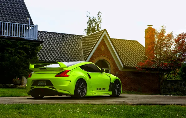 Картинка green, Nissan, 370z, vossen wheels, rearside