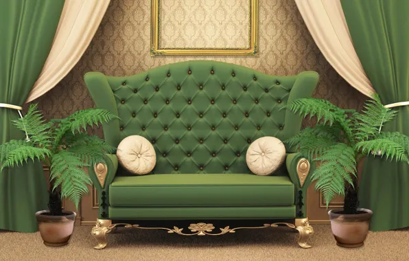 Картинка цветы, дизайн, зеленый, стиль, комната, диван, интерьер, подушки, рамка, занавески, шторы