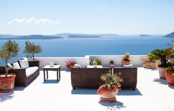 Картинка море, горы, диван, отдых, вилла, отпуск, кресло, Санторини, Греция