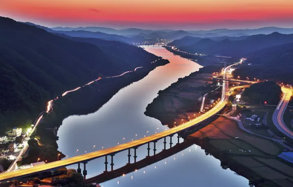 Картинка горы, мост, река, холмы, дороги, Корея