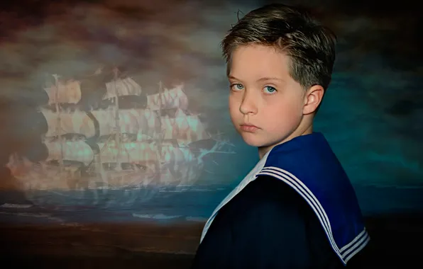 Картинка парусник, мальчик, гюйс, мечты о море, юный моряк