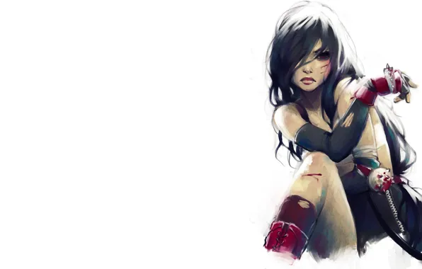Картинка девушка, кровь, рисунок, белый фон, Final Fantasy, Tifa, Lokhart, Локхарт, Тифа, раны