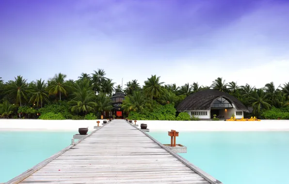 Картинка песок, пляж, деревья, мост, природа, пальмы, океан, домик, Мальдивы, отель, бунгало, Maldives, Angsana Velavaru