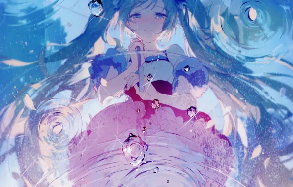 Картинка вода, девушка, отражение, зонт, аниме, лепестки, арт, vocaloid, hatsune miku, rella
