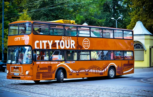 Картинка оранжевый, автобус, MAN, двухэтажный, Riga city tour, Double Decker