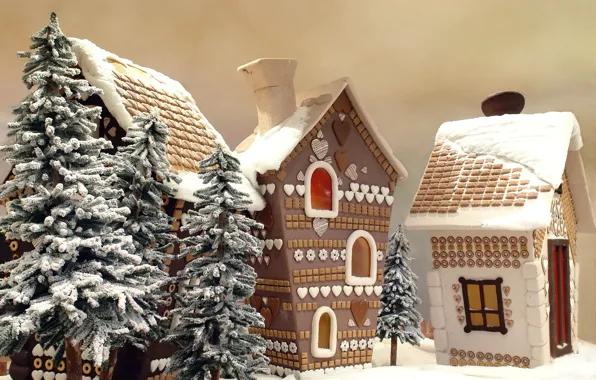 Картинка зима, лес, снег, деревья, новый год, сказка, деревня, сладости, домики, house, home, frozen holiday, xmas, …