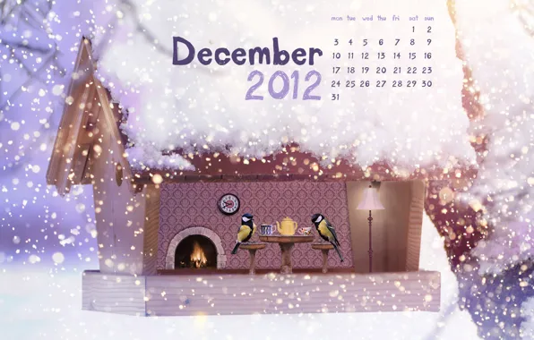 Картинка снег, птицы, чай, новый год, рождество, скворечник, new year, календарь, декабрь, merry christmas, синицы, december