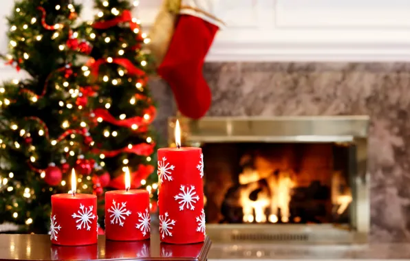 Картинка украшения, lights, огни, дерево, огонь, праздник, свечи, fire, камин, Happy New Year, tree, Merry Christmas, …