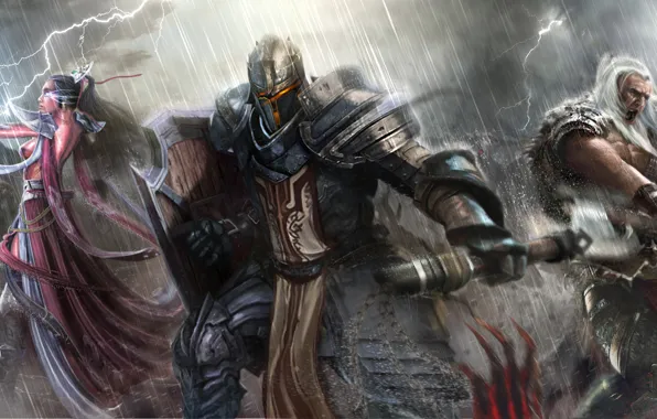 Картинка оружие, дождь, воин, арт, монстры, маг, битва, Diablo III, варвар, Reaper of souls