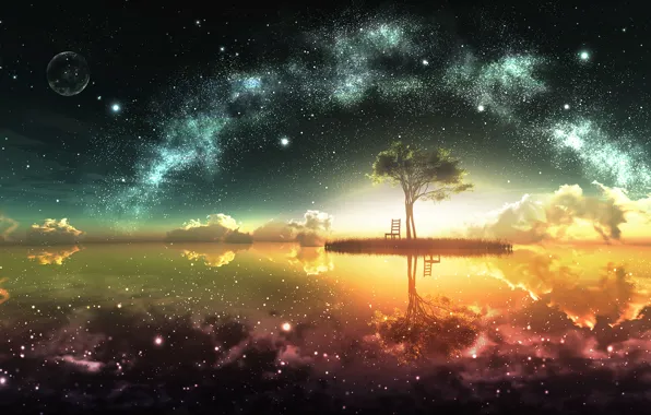 Картинка небо, солнце, звезды, облака, отражение, дерево, земля, луна, остров, горизонт, арт, стул, y-k