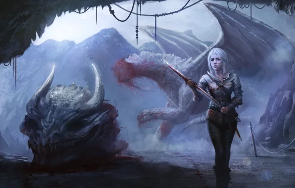 Картинка девушка, дракон, череп, арт, Witcher 3: Wild Hunt, Cirilla