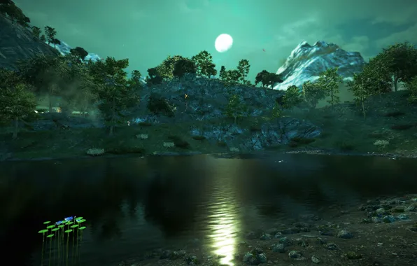 Картинка деревья, пейзаж, горы, луна, картина, Far Cry 4