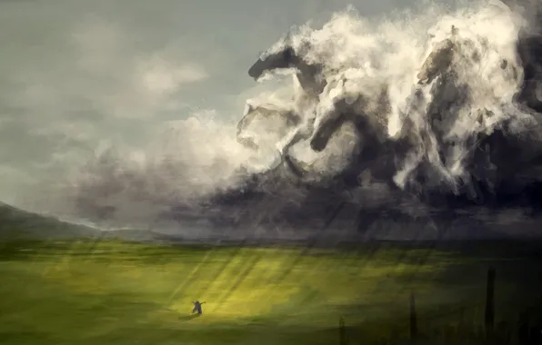 Картинка поле, девушка, облака, лучи, дождь, фигура, лошади, арт, табун