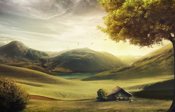 Картинка горы, дом, дерево, холмы, рисунок, овцы, Англия, Danil Kartashev