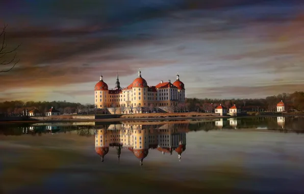 Картинка пруд, отражение, замок, вечер, Германия, Морицбург