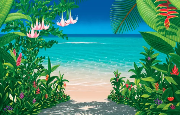 Картинка песок, волны, небо, цветы, Пляж