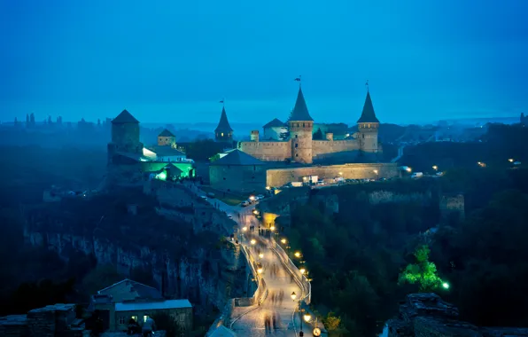 Картинка мост, замок, вечер, фонари, башни, Украина, Каменец-Подольский