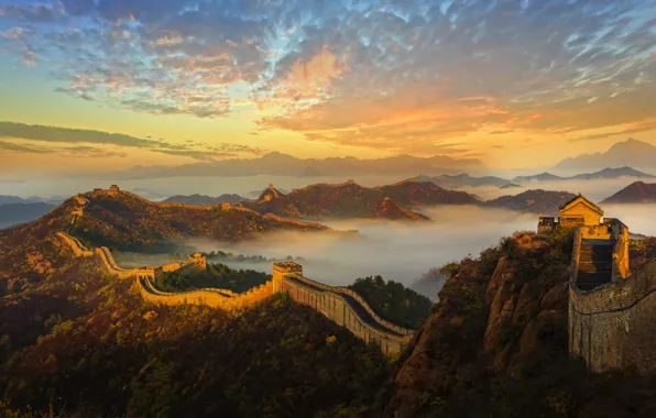 Картинка горы, стена, рассвет, Китай, архитектура, история, Великая Китайская стена