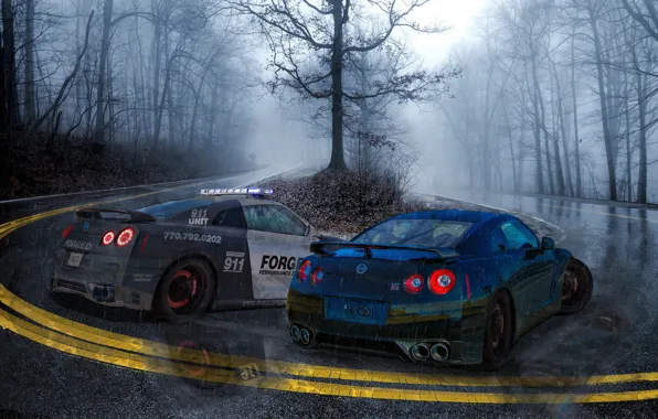 Картинка rain, police, Hot Pursuit, Nissan GT-R