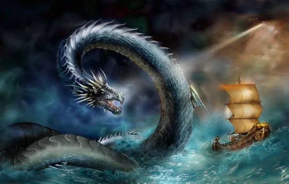 Картинка море, шторм, корабль, нападение, змей, морской