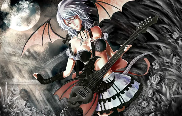 Картинка гитара, крылья, демон, серые волосы