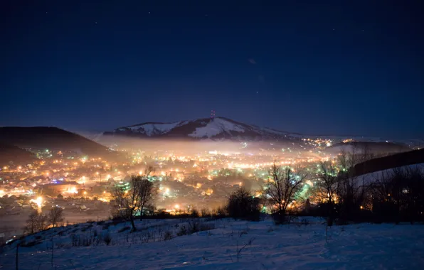 Картинка зима, ночь, огни, Город, Горно-Алтайск