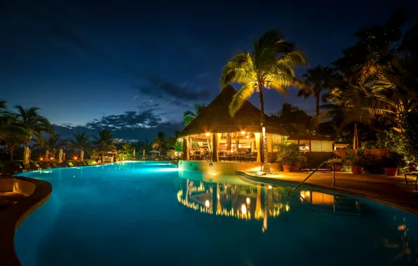 Картинка пальмы, вечер, бассейн, курорт, Bahamas resort