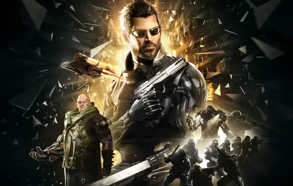 Картинка осколки, оружие, броня, киборг, Square Enix, Адам Дженсен, Adam Jensen, враги, cyborg, Deus Ex: Mankind …