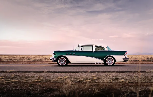 Картинка дорога, небо, облака, колеса, сторона, 1956, Buick
