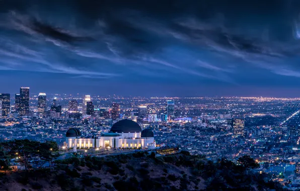 Картинка Clouds, Sky, Lightning, Lights, Night, Los Angeles, L.A., Griffith Observatory, Long, Architecture, Cityscape, Exposure