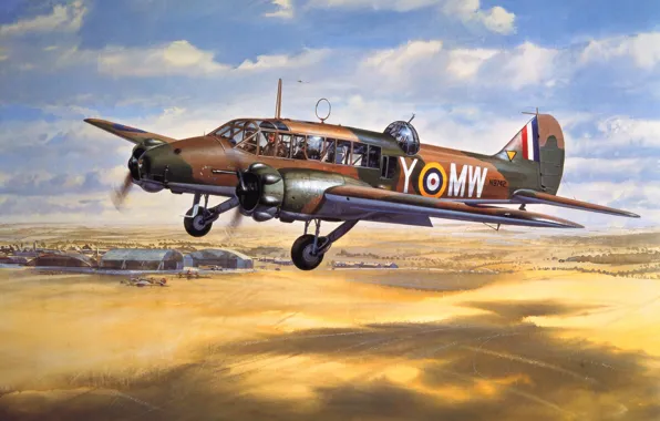 Картинка war, art, airplane, painting, aviation, ww2, Avro Anson
